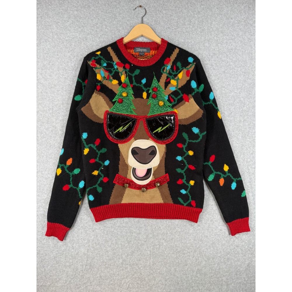 33 Degrees Large Ugly Christmas Sweater Reindeer Festive Acrylic Jingle Bells